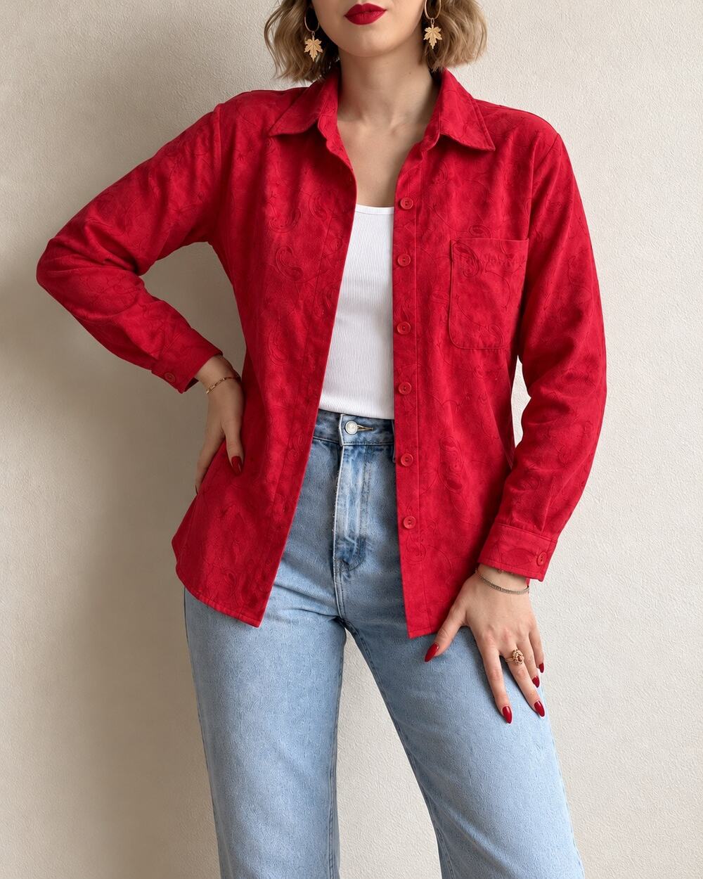 Vintage 90s Coldwater Creek Button Up Blouse PM Red Velvet Christmas Holiday